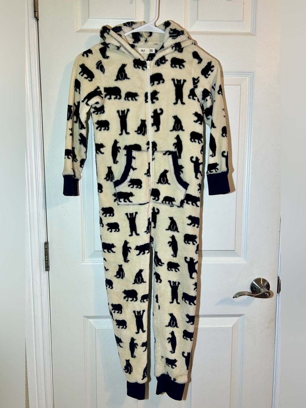 Kids Hooded Fleece One-Piece Bodysuit in Cream and Black Bear Print